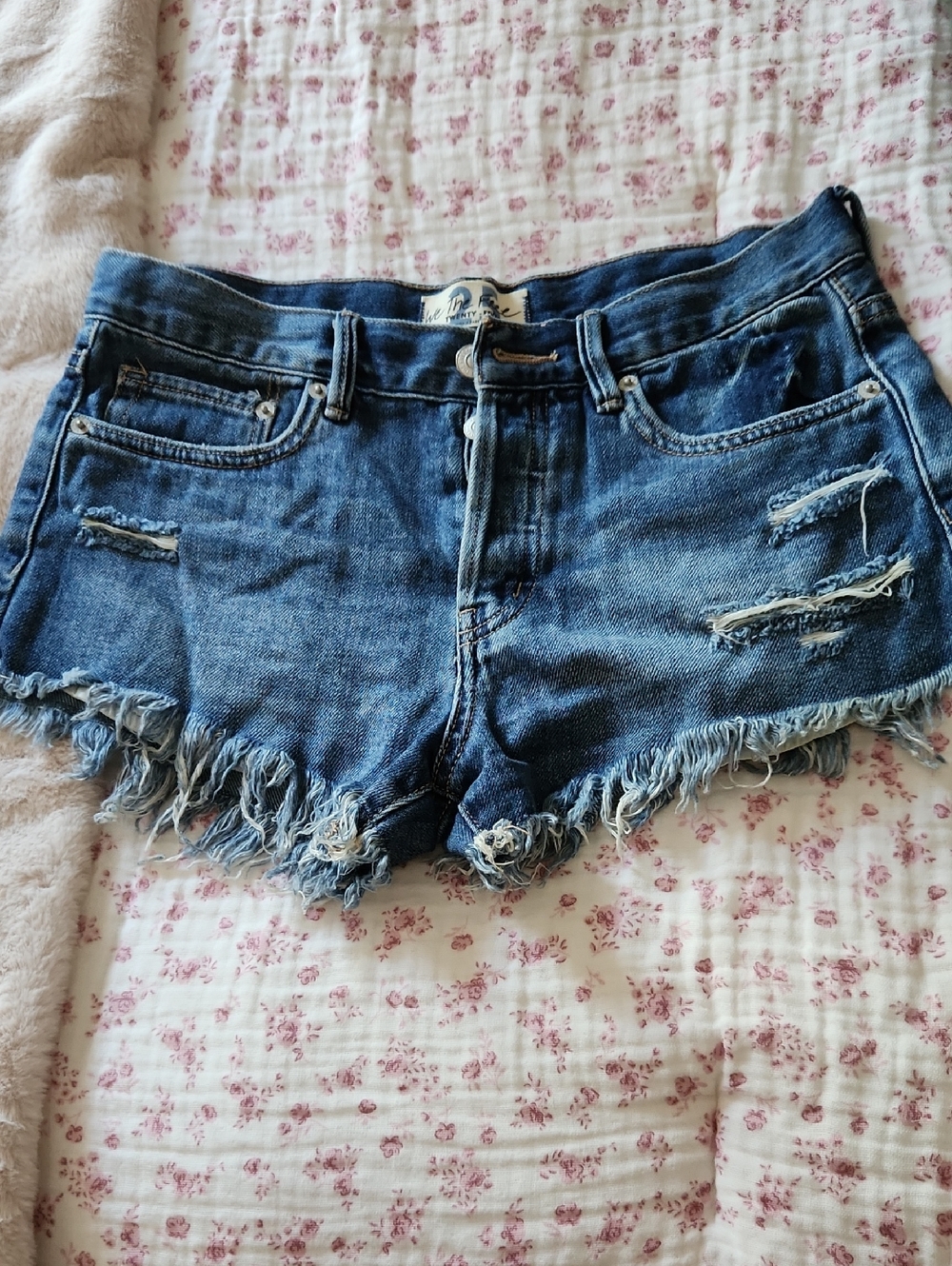 We The Free Distressed Dark Blue Denim Cutoff Shorts